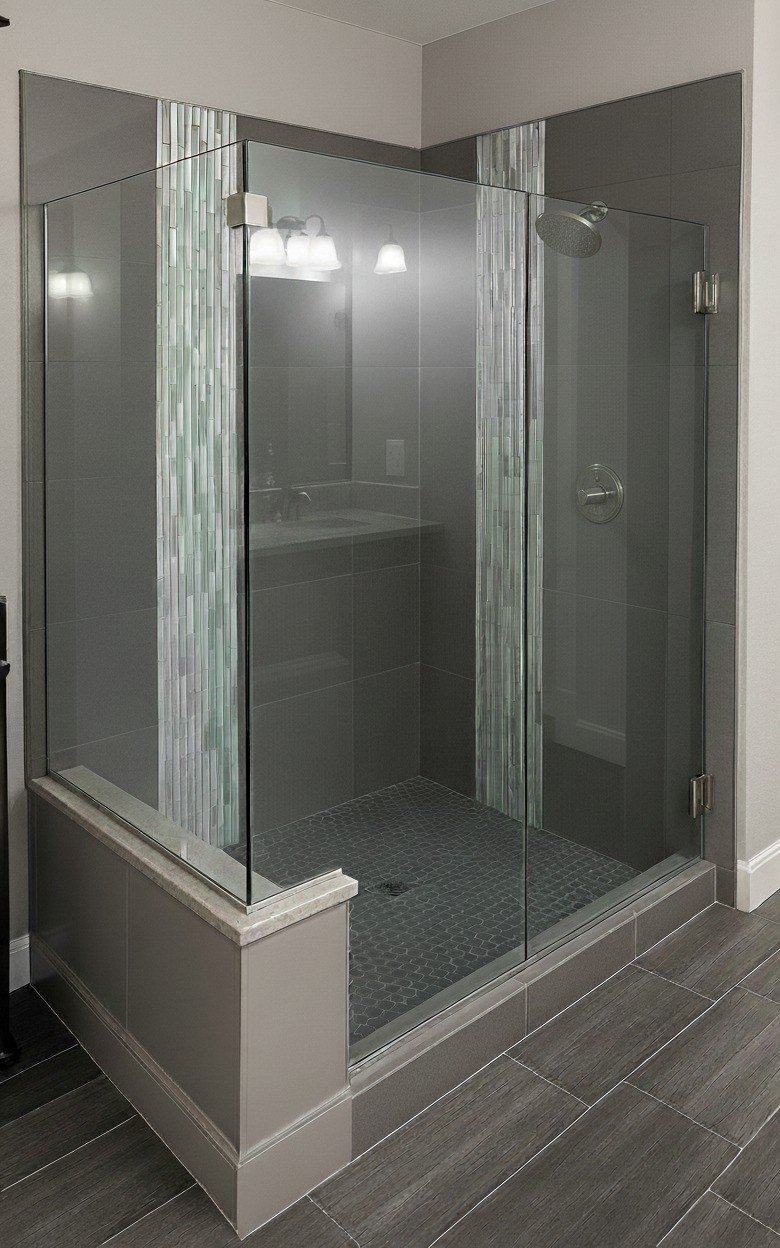 After: Primary bathroom remodel with tile shower and vanity